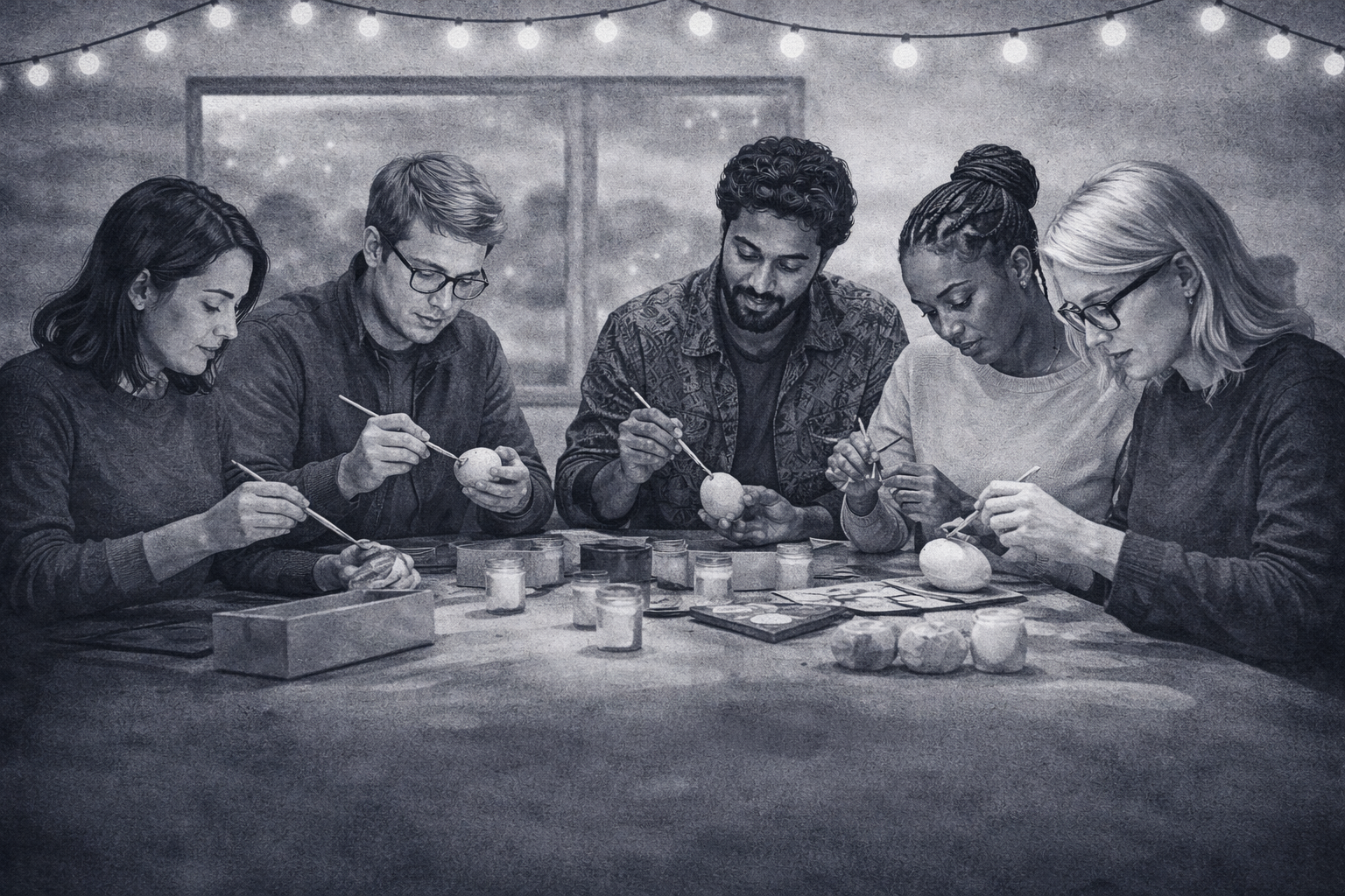 Young people sit around a table and do crafts with glowing bulb lights hanging behind them