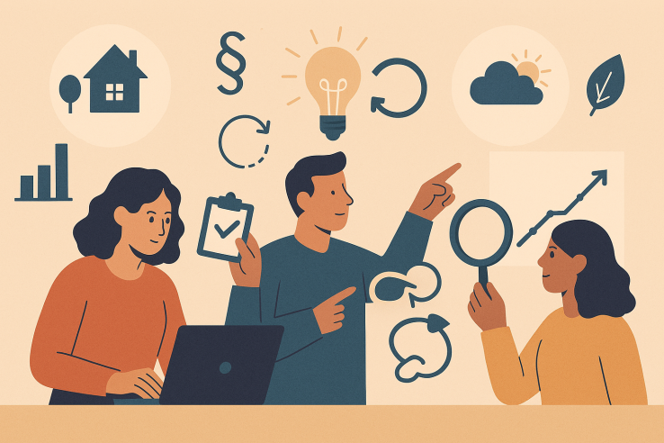 3 people;e sit at a table with social science symbols floating around them
