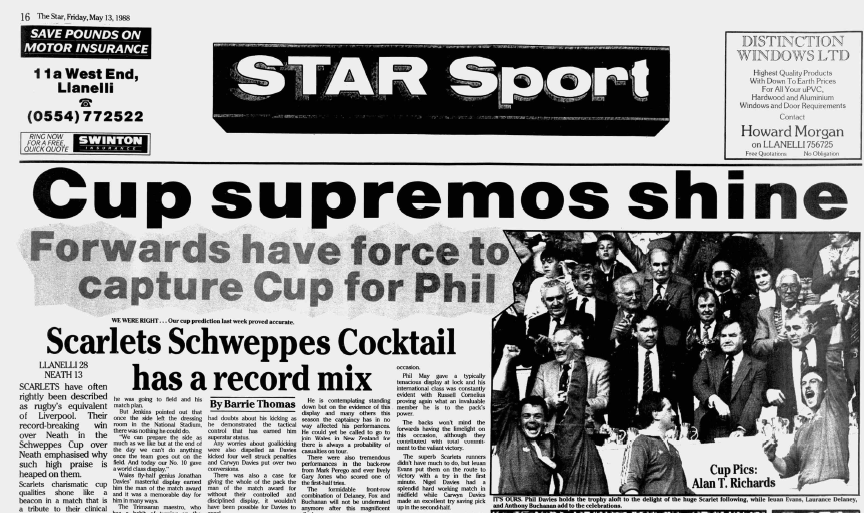Llanelli Star report on Llanelli winning the Welsh Cup in 1988
