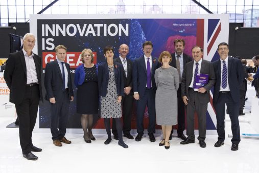 Science and Innovation Audits (SIAs) winners pose with Rt Hon Greg Clark MP and Innovate UK's Dr Ruth McKernan. (L-R) Neil Bradshaw, University of Bristol, Sam Turner, University of Sheffield, Elizabeth Treasure, Cardiff University, Pam Waddell, Birmingham Science City, Philip Extance, Aston University, Rt Hon Greg Clark MP, Secretary of State for Business, Energy and Industrial Strategy, Dr Ruth McKernan, Innovate UK Chief Executive, Kevin Collins, University of Edinburgh,  Luke Georghiou, Manchester Science City and Stephen Decent, Lancaster University, at Innovate 2016, Manchester Central Conference Centre, 3rd November 2016
