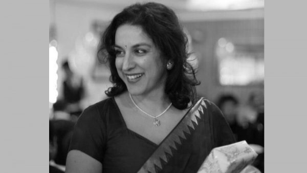 A black and white photograph of Rashi Jain