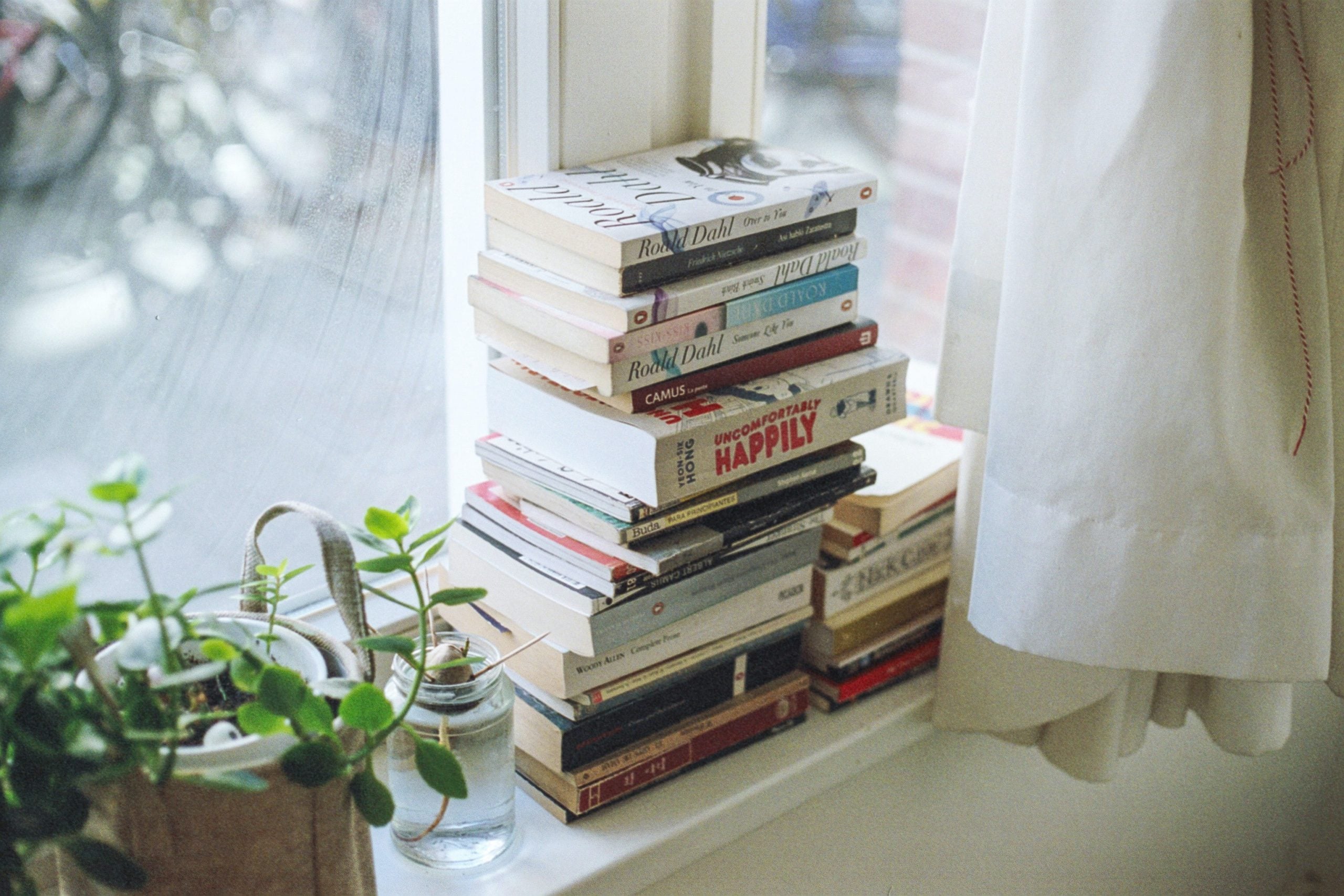 a stack of books on a windowsill beside a plant